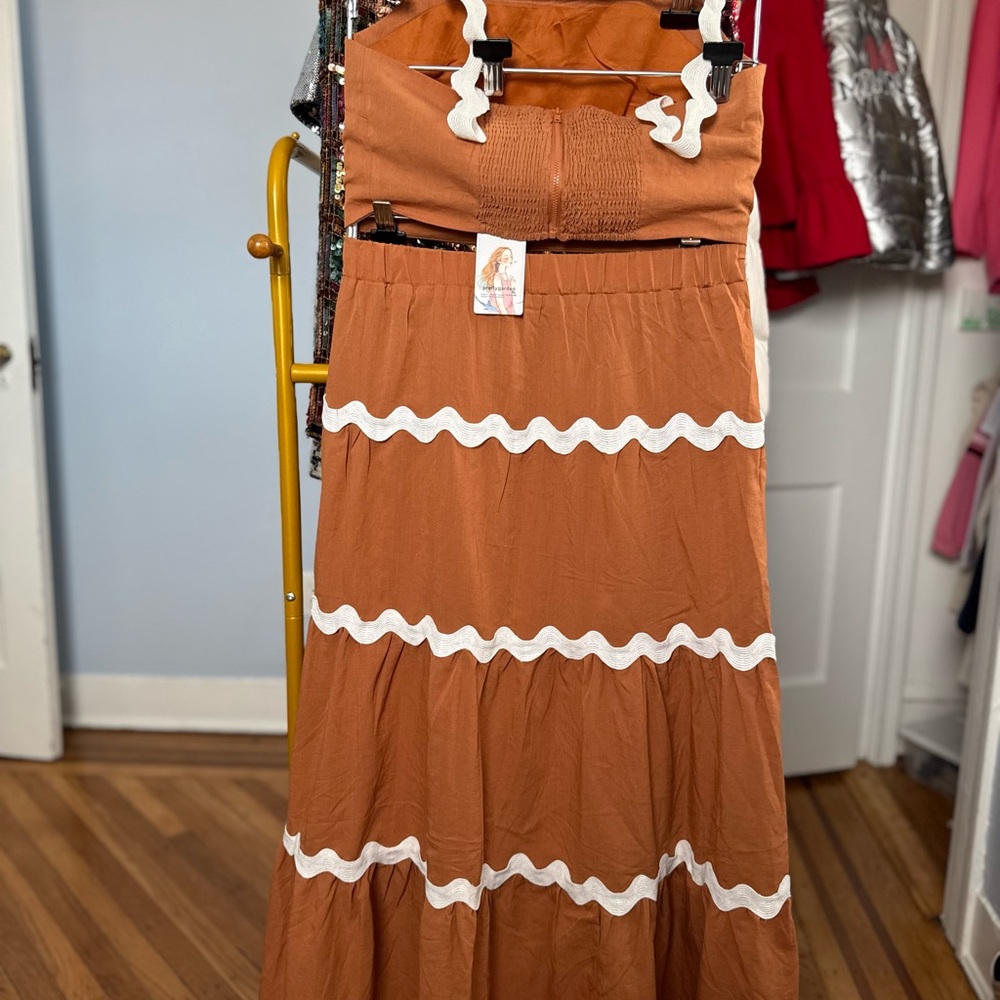 Boho Tiered Maxi Skirt with White Trim - Rust